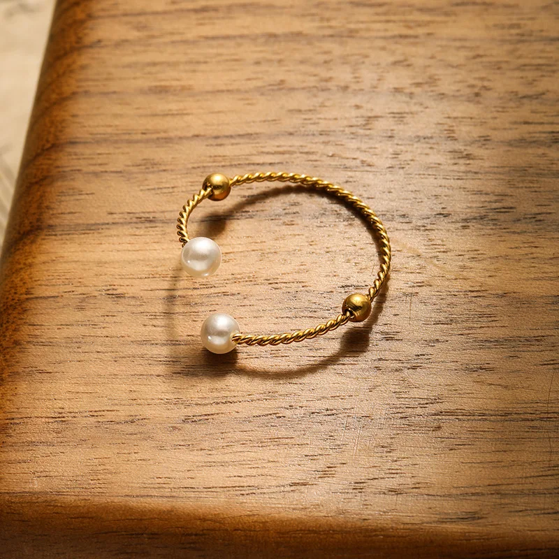Wholesale Elegant Gold Plated Stainless Steel Minimalist Pearl Ring Women Adjustable Opening Rings