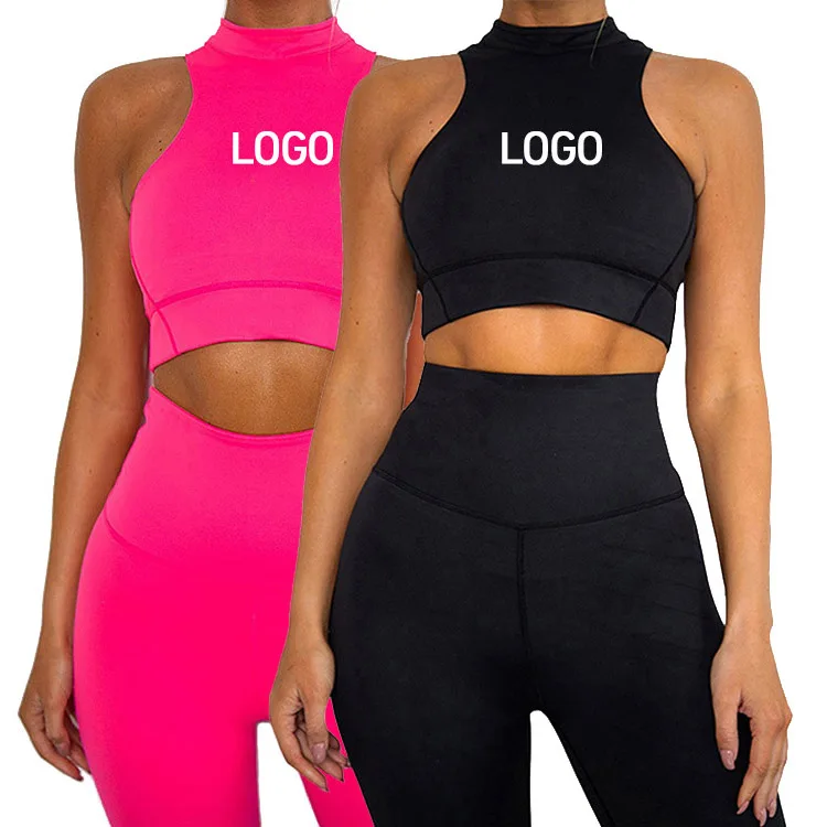 Custom logo activewear solid color sport tank top ropa deportiva mujer fitness leggings gym clothing workout women yoga set