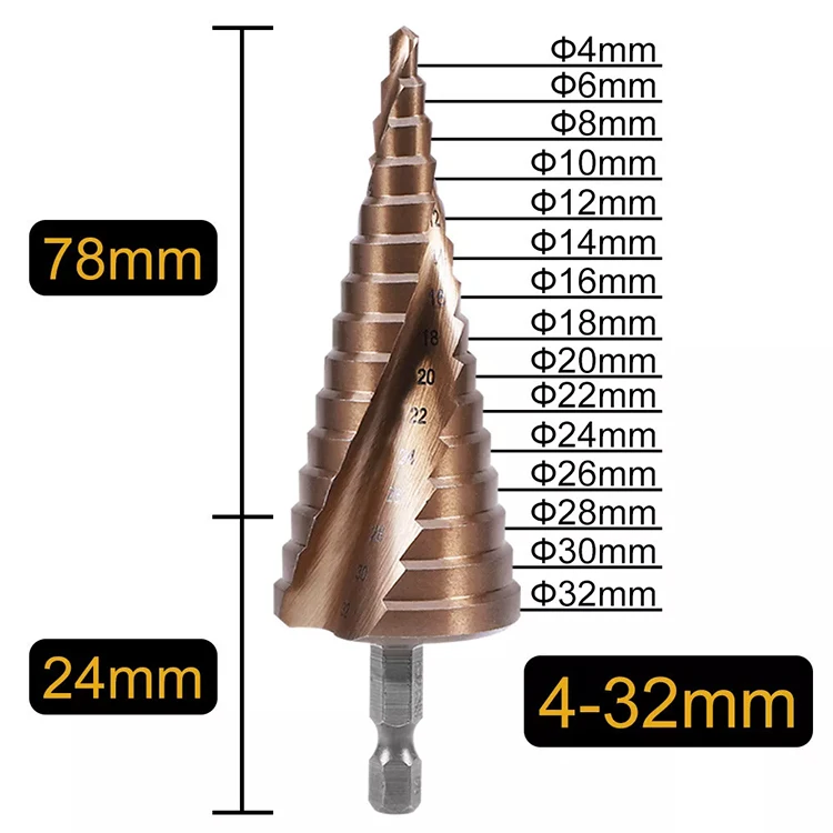 4-12/20/32mm Hex Shank Large Titanium HSS Step Cone Drill Bit Hole Cutter Set Fluted Edge Step Drill