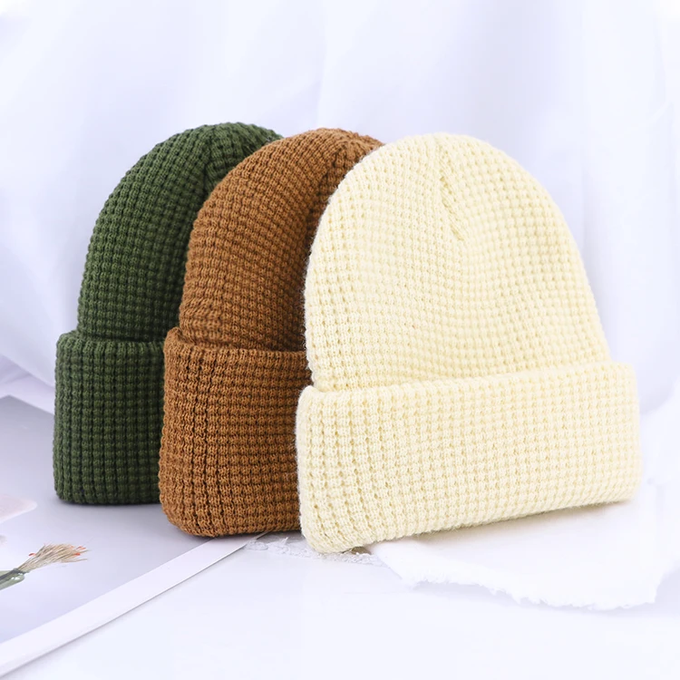 Qianzun Winter Fashion Waffle Beanie Custom logo Men Beanie Hat Waffle Knit Beanie With Private Tag