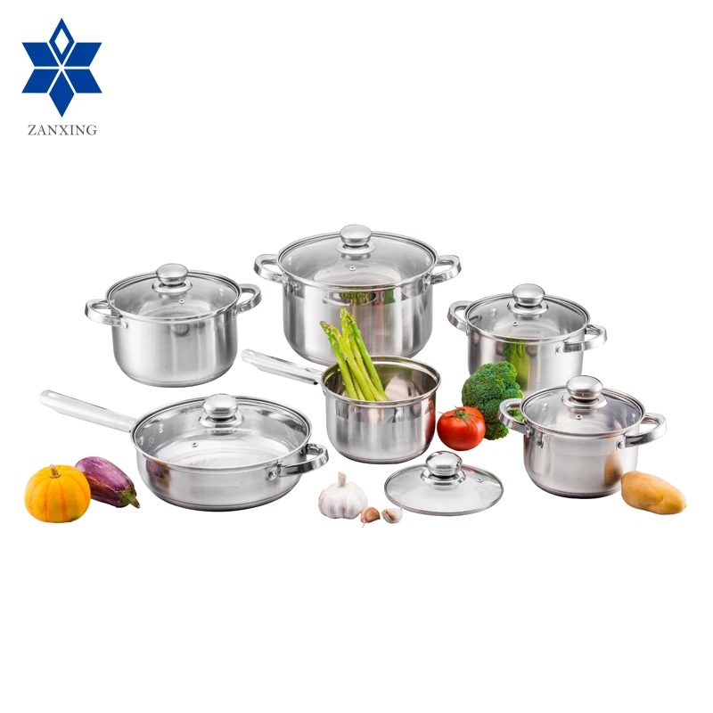Customized 12 Pcs Pots And Pans Stainless Steel Cookware Set With Glass Lid