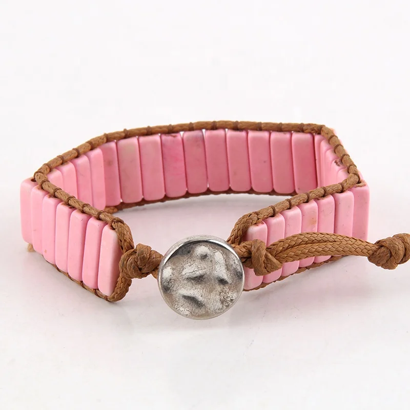 Fashion Thread Leather Wrap Bracelet Pierre Naturelle Flower Button  Rectangle White Turquoise Stone Bracelet