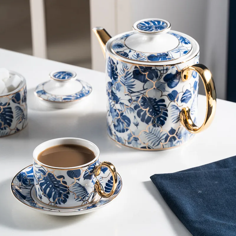 
European Royal Porcelain Tea And Coffee Set Luxury Blue Banana Leaf Design Bone China Tea Cup Set 