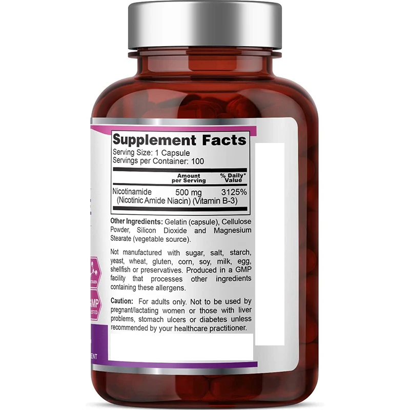 Natural Flush-Free Vitamin Formula 100 Count B3 500mg Nicotinamide Capsules Supports Skin Cell Health