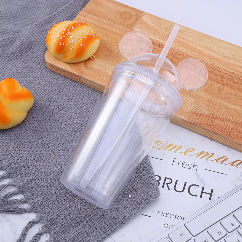 Seaygift 2021amazon hot selling double wall summer fruit juice clear straw water bottle mouse ear shape plastic tumbler cups