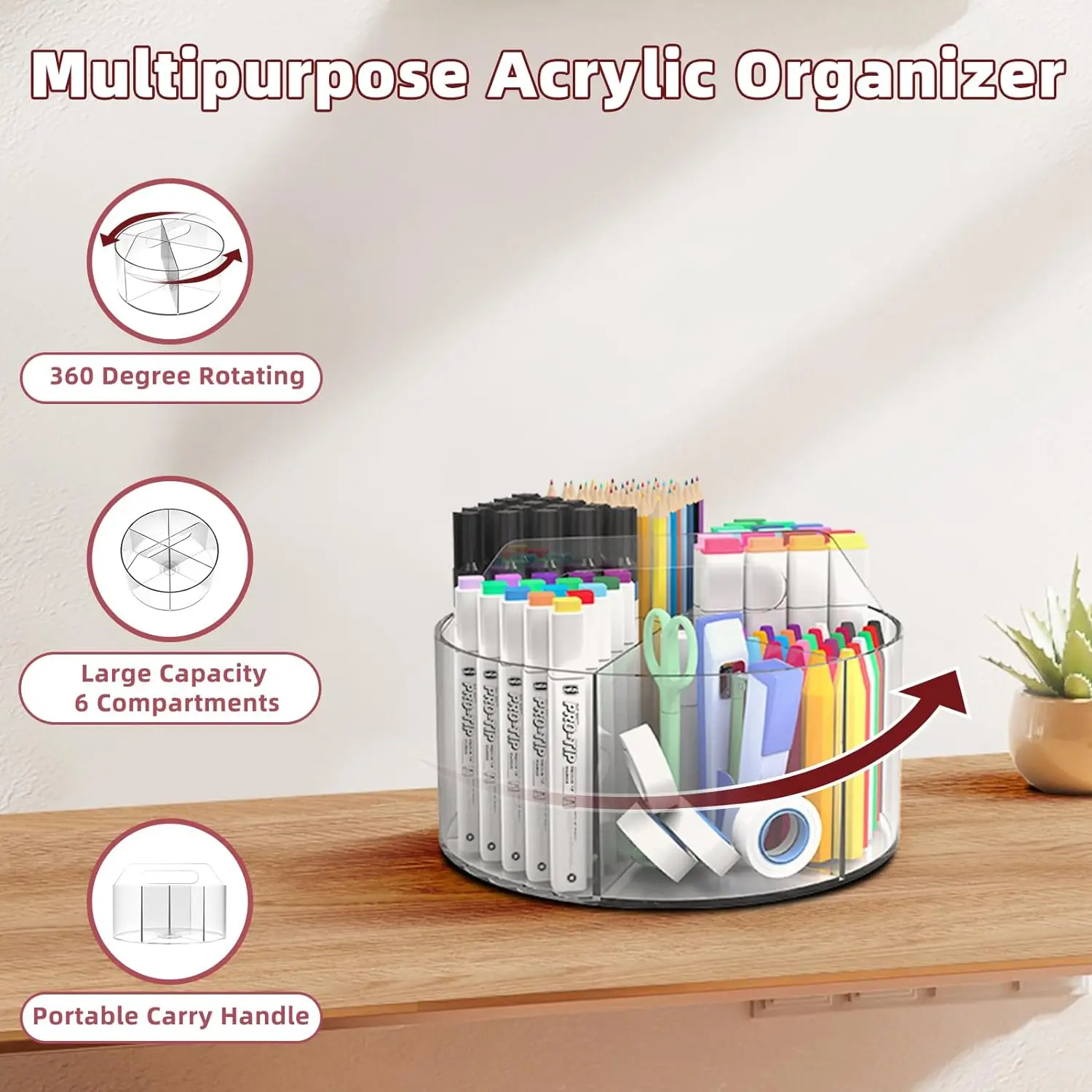Acrylic Pen Holder Pencil Organizer 360-Degree Rotating Crayon Holder for Kids Marker Holder Caddy Organizer
