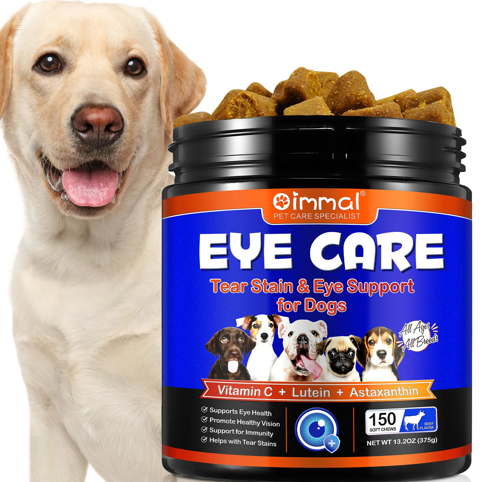 OIMMAI dog soft chews promote healthy vision pet dog tear stain remover eye care astaxanthin food lutein supplement for eyes