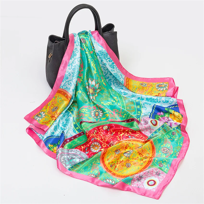 Designed Gorgeous Classical 90cm satin square scarf  Turkish Selling Colored Scarves shawl uae Suitable