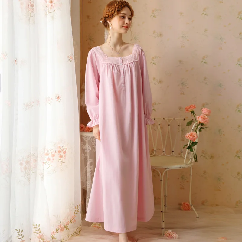 French Princess Cotton Solid Lace Nightgown for Girls New Pure Desire Style Loose Long sleeved Long Court Pajamas