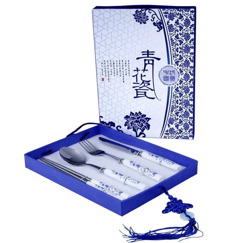 Blue and white porcelain tableware set Chinese style elements spoon chopsticks knife and fork gift set
