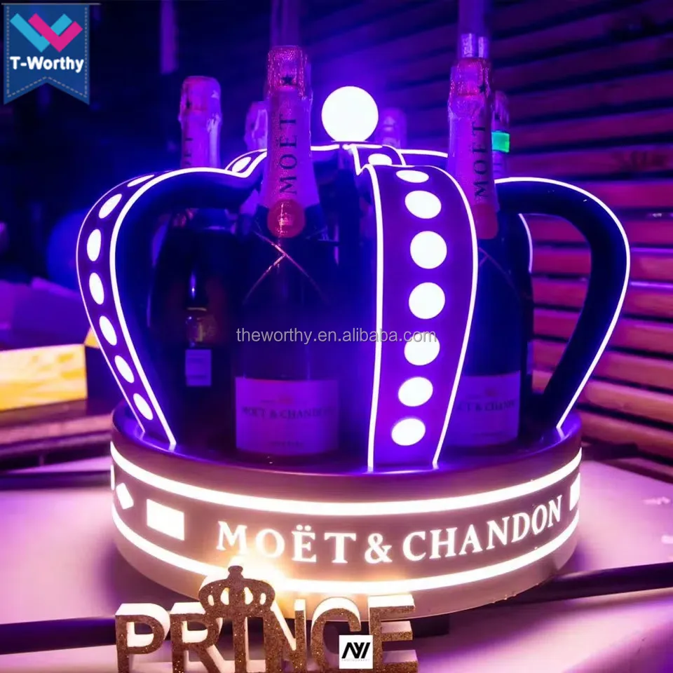 T-Worthy Customized Logo Metal King Crown LED Bottle Carrier Display Rack for Liquor Beer Champagne for Lounge Presentation