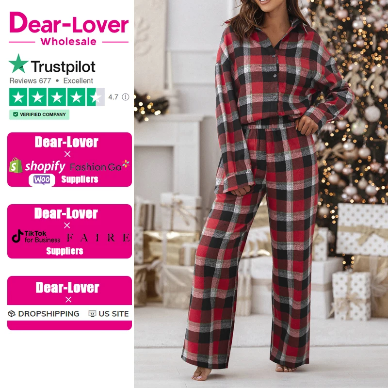 Dear-Lover Red Christmas Checkered Pattern Loose Shirt and Pants Lounge Set