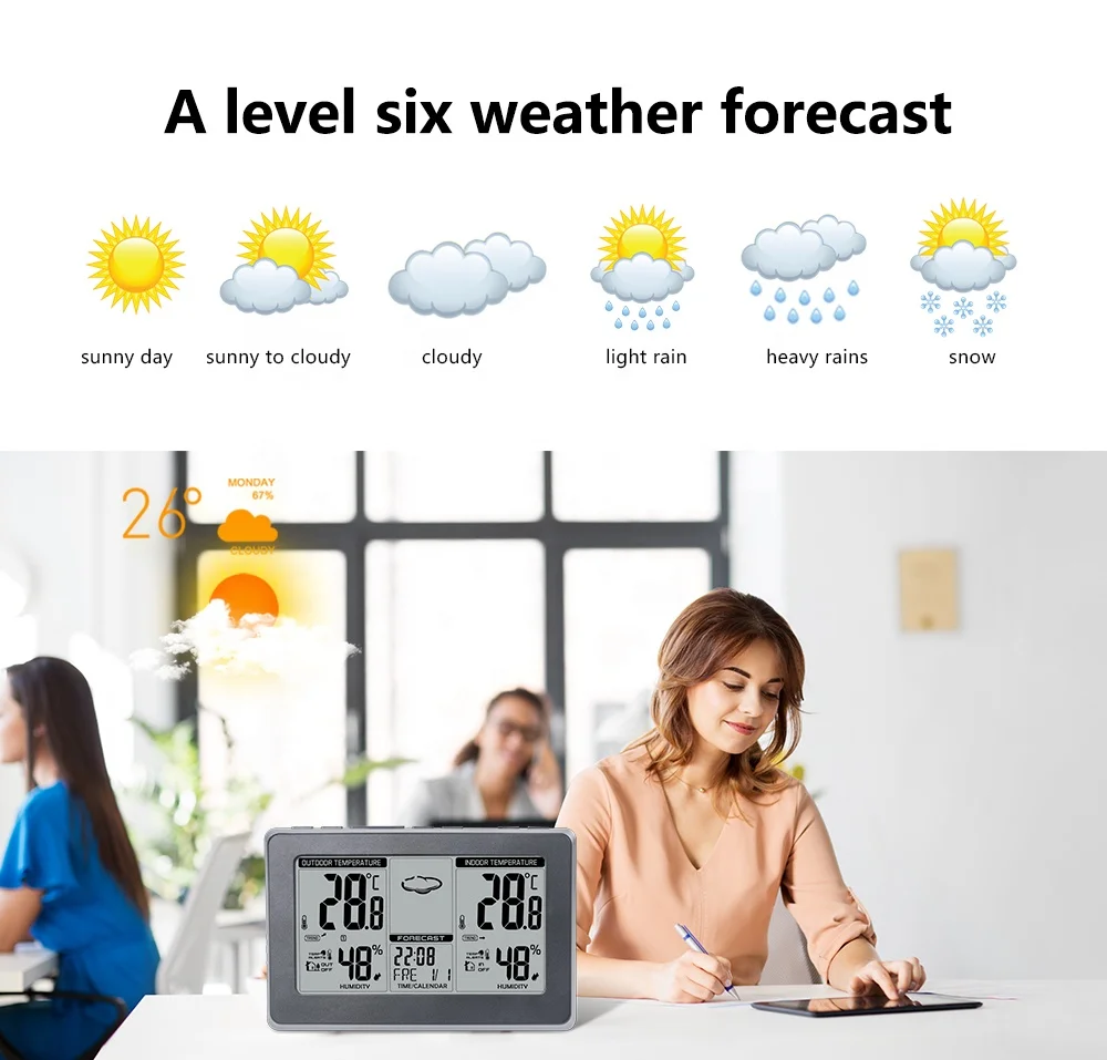 LCD Digital Clock Indoor Outdoor Temperature Color Weather Station with Outdoor Sensor Wireless RF 433