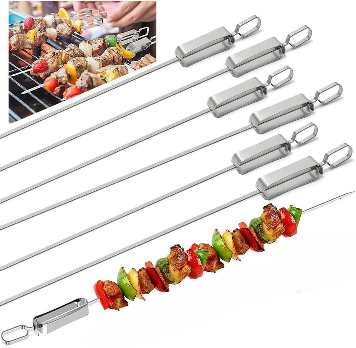 6pcs Skewers for Grilling Stainless Steel Metal Skewers with Slider for Meat Shrimp Reusable Sword Skewers