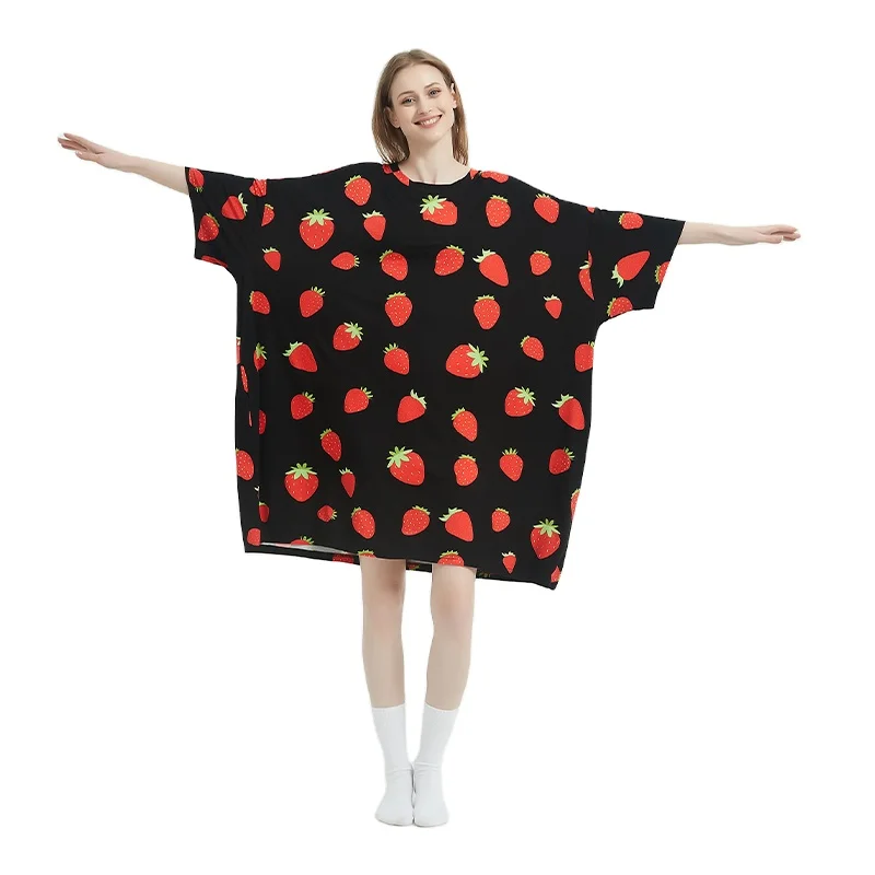 Customized Strawberry Design Oversized Women Summer Cooling Bamboo Nightgowns Sleep Tshirt Sleeping Tee