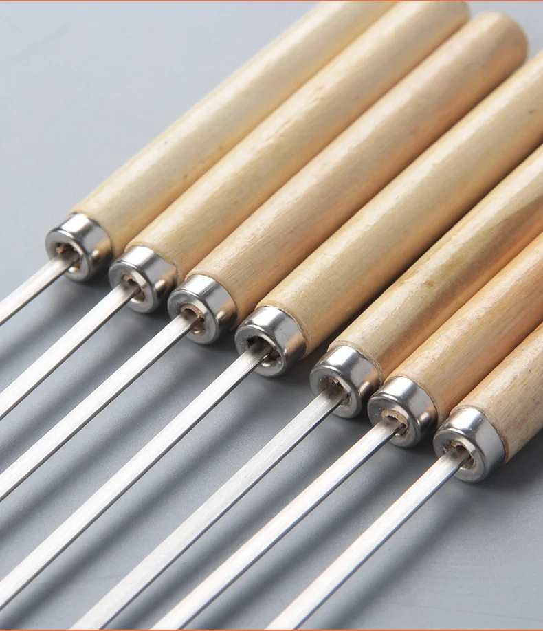 Barbecue Skewers Made of 304 Stainless Steel With Wooden Handles and Flat Skewers For Skewering Meat and Iron