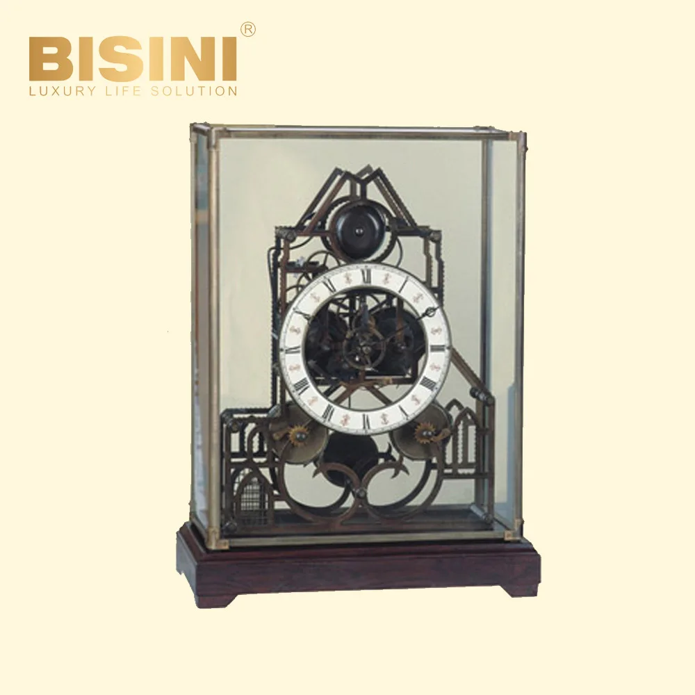 Luxury European antique style Back pendulum skeleton table clock Mechanical gear Desk Clock Glass cover perspective