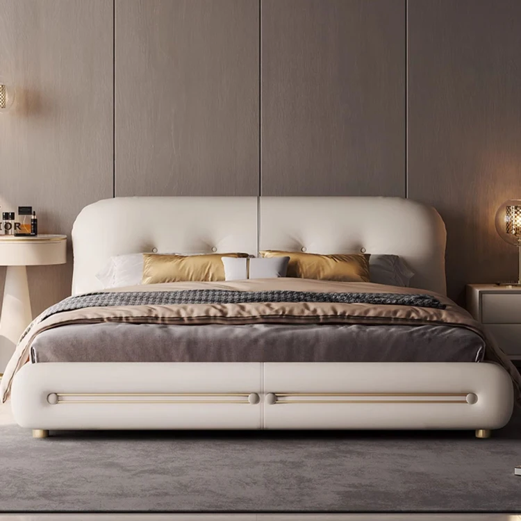 Designer High-End Luxury Modern Minimalist Genuine Leather Bed  Up-Holstered Large Bed for Bedroom Furniture