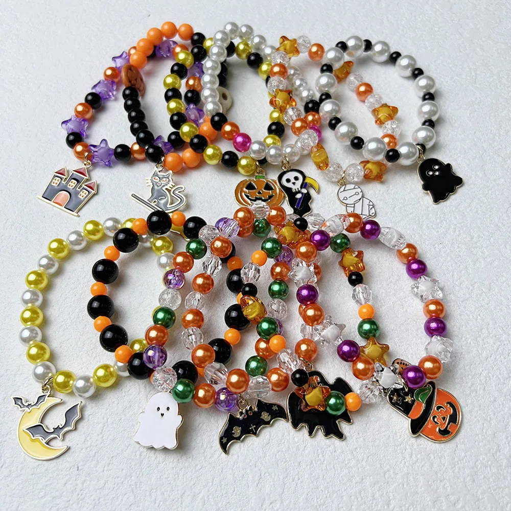 Halloween Bracelet Pumpkin Ghost Bat Pendant Bracelet Skull Spider Beaded Decoration Party Fashion Jewelry Accessories Gift