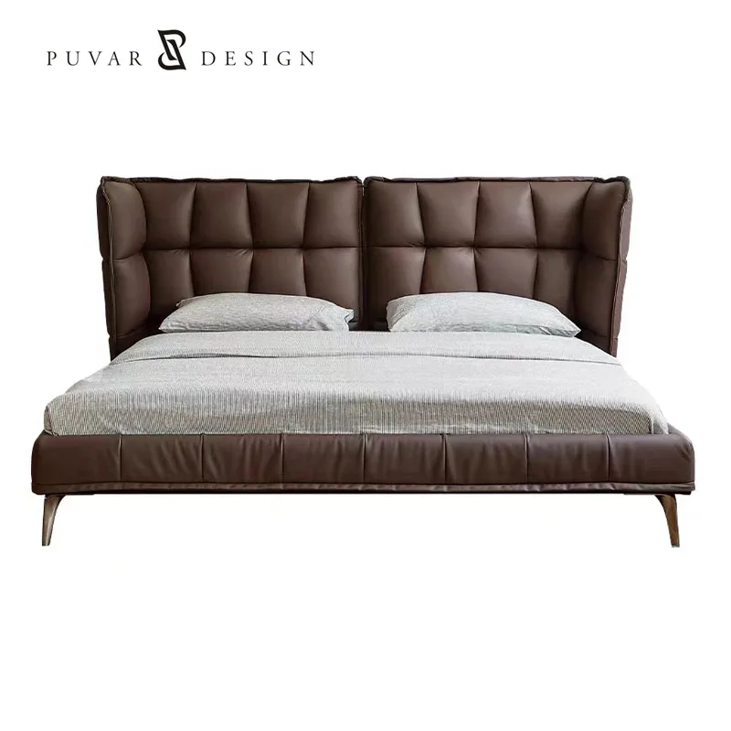Full bedroom Leather double bed Modern simple Master bedroom queen bed solid wood light luxury