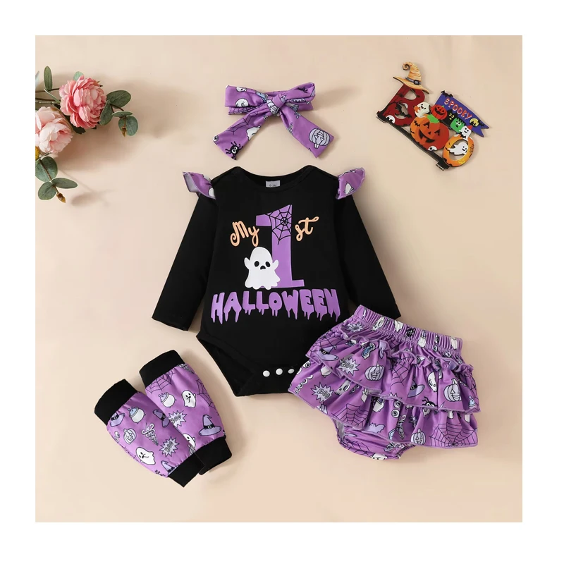 Wholesale Halloween Newborn Baby Girl Romper 4pcs Sets Infant Headbands Knee Pads Shorts Fashionable Winter Clothing Parties