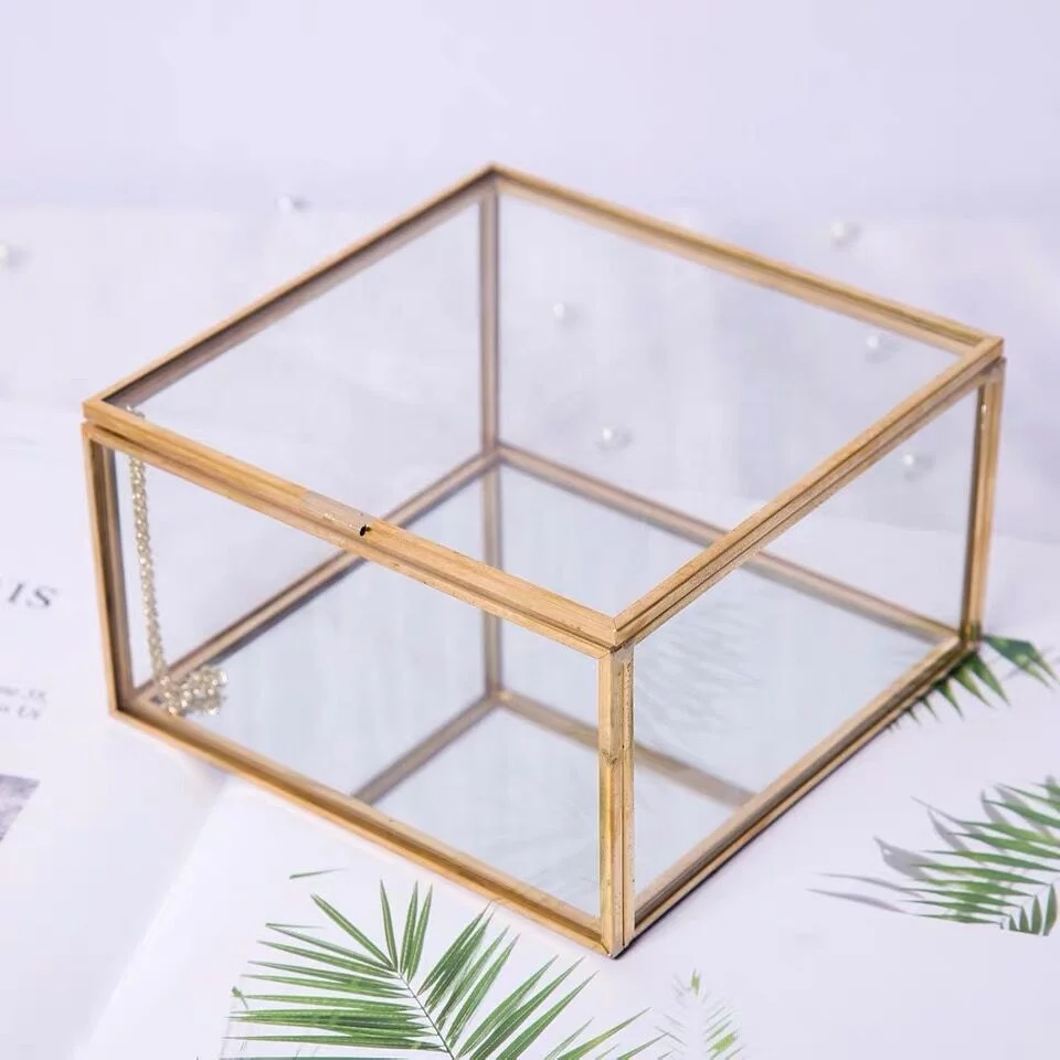 Luxury Handmade Jewellery Box Gold Copper Metal Triangle Geometric Design with Lidded Glass Storage for Home Decor