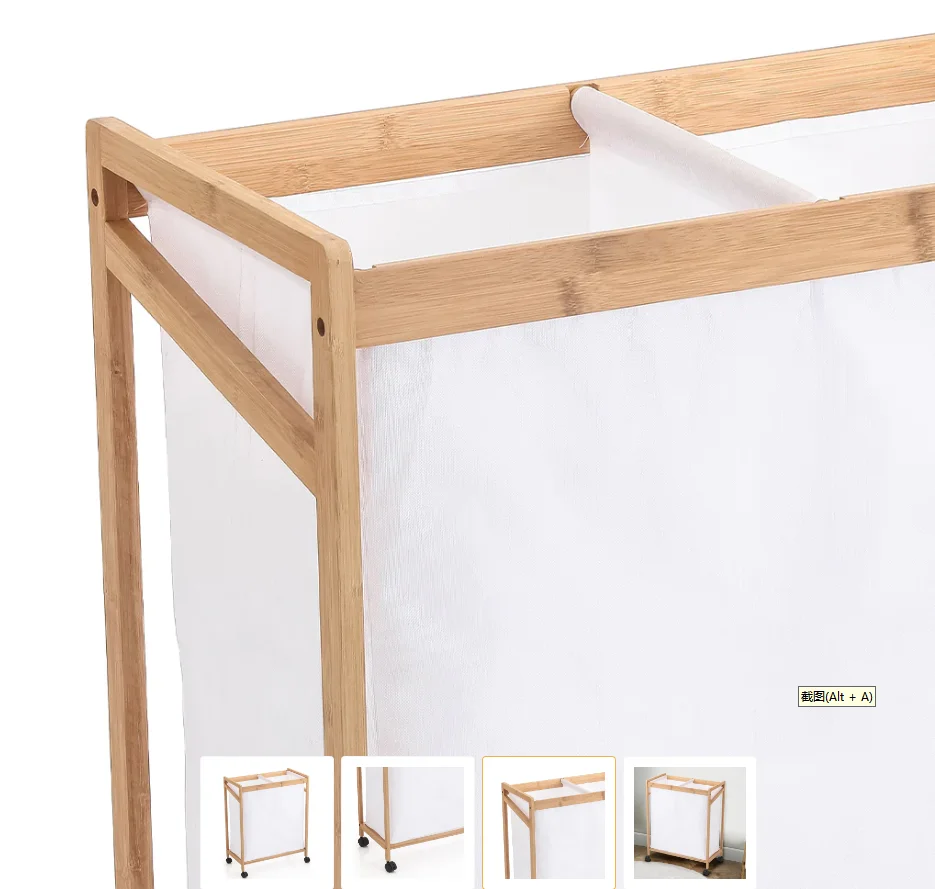 Bamboo Saving Dirty Laundry Basket with White Fabric and 4  Swivel Wheels,  Slim Laundry Bag
