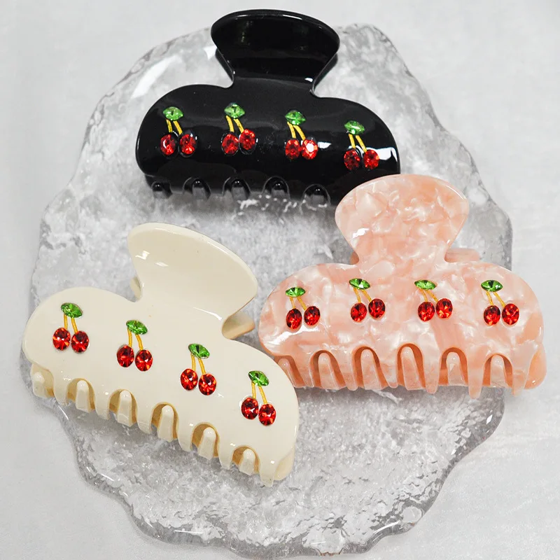 Qianjin girls hair accessories wholesale cherry diamond acetate hair claw clips rhinestone cherry hair claw