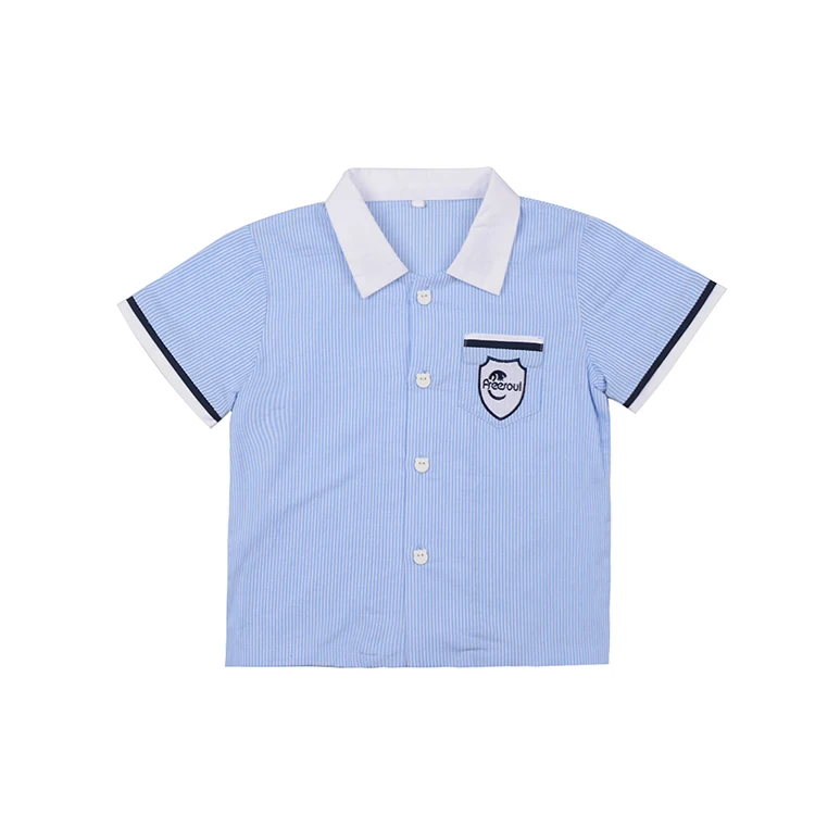 Оптовая продажа детских базовых полосатых рубашек с коротким рукавом и логотипом для школы