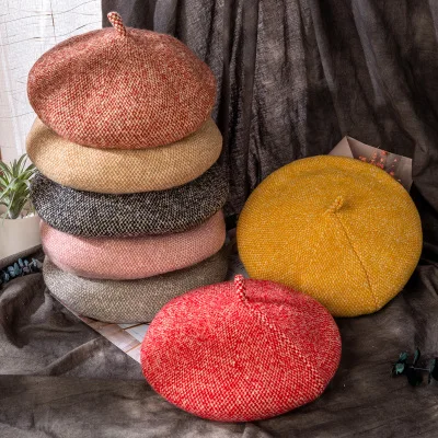 HT-0309 Fashionable Light Weight French Artist Ladies Beret Solid Color Yellow Wool Beret Hat Wool Beret Hat