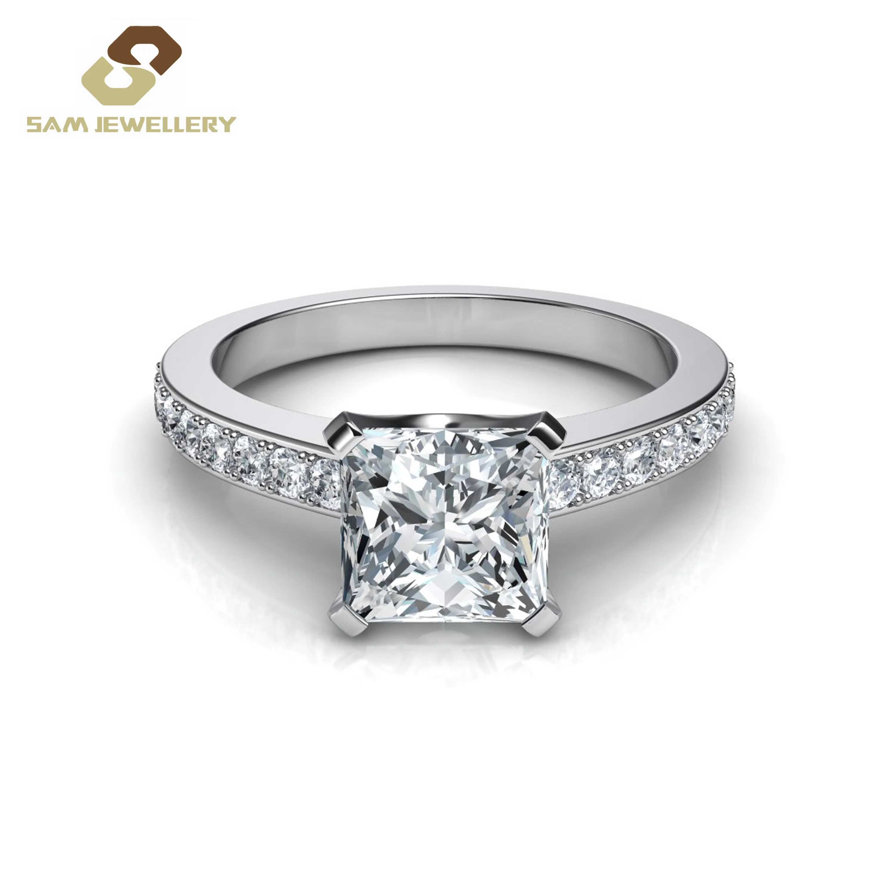 Fashion Boutique Wedding Bridal Jewelry Princess Cut Square Diamond 925 Sterling Silver Women Engagement Ring