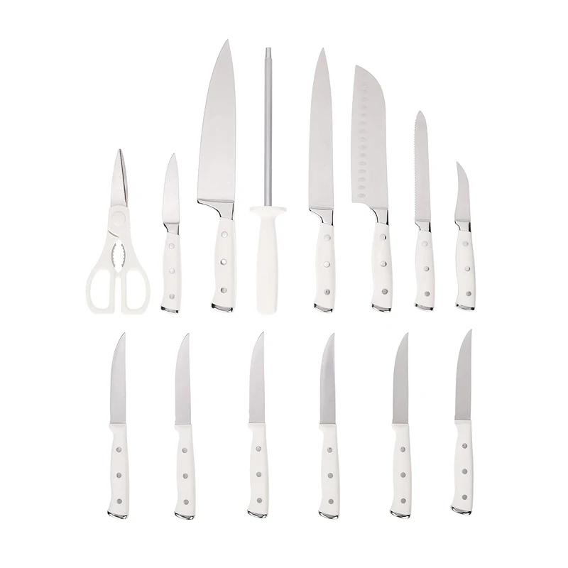 Stainless Steel chef knives set Triple Rivet Kitchen Knife Set White Abs Handle scissors Wooden Block Home block knives set