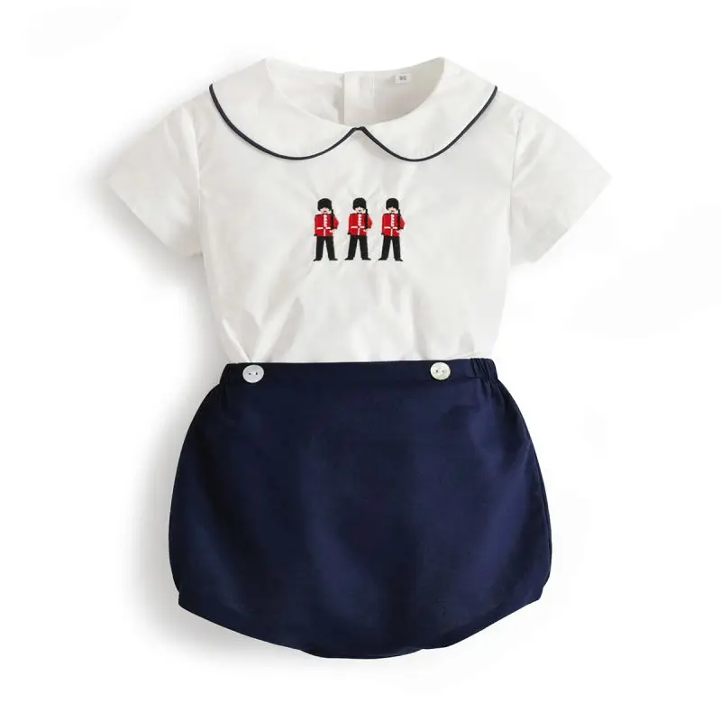 Spanish Summer Kids Clothing Set Baby Spain Embroidered Soldier Shirt Navy Shorts Toddler Boutique Peter Pan Collar Outfits