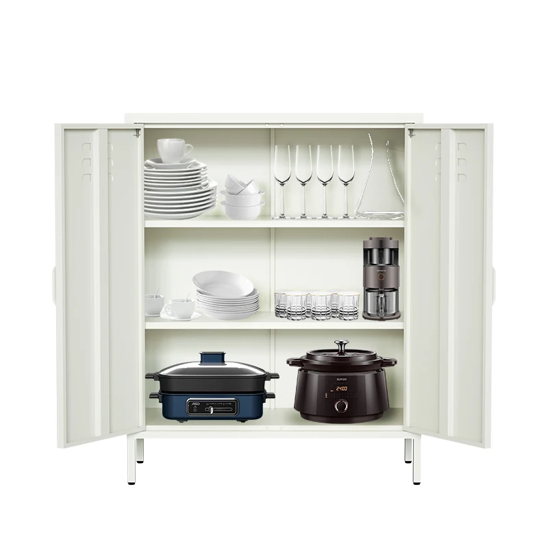 Modern Style Sideboards Metal Buffet Side Cabinet Kitchen Storage Cabinet Steel White Storage Locker,Knock Down,Medium Height