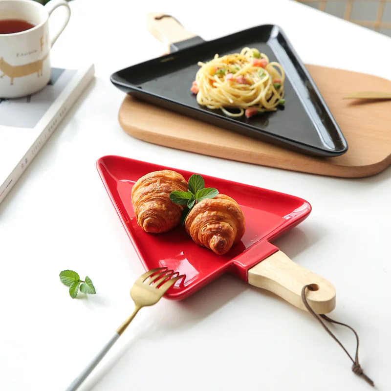 Christmas tree flat plate simple glaze ceramic dinner plate with Beech triangle handle steak dish plate can be printed LOGO