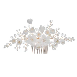Fashion Ceramics Floral Headpiece Bridal Gold Hair Comb Pearls Women Prom Hair Pin Jewelry Wedding Accessories