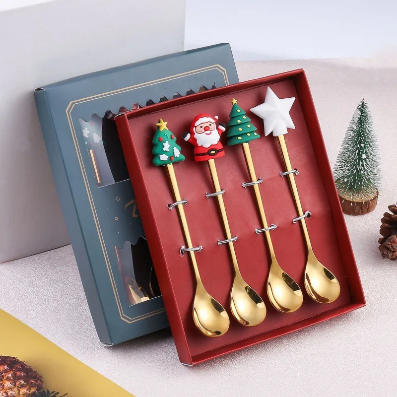 4pc 6pcs Cutlery Golden Spoon Set Christmas Coffee Spoon Gold Stainless Steel Metal Food Grade Christmas gift spoon set