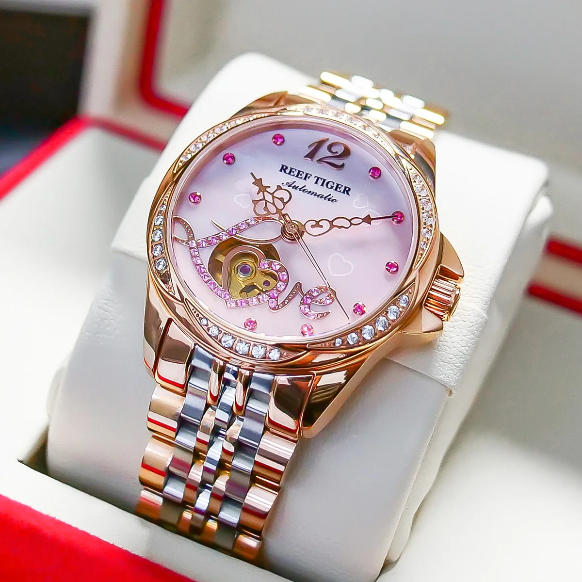 Reef Tiger Top Brand Luxury Flower Diamond Women Rose Gold Bracelet Automatic Relogio Feminino RGA1583