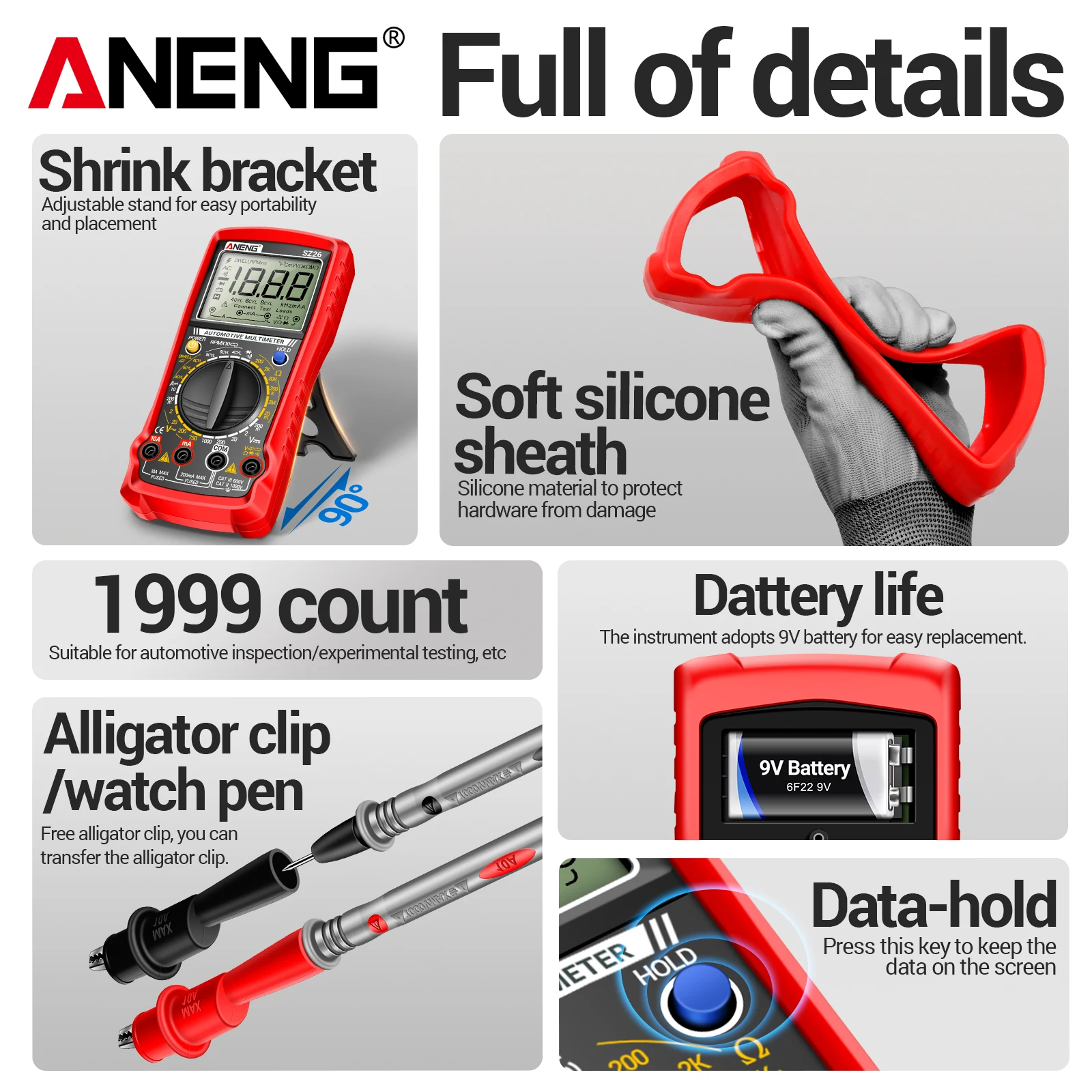 ANENG SZ26 Multitester Closed Angle Measure Auto Repair Multimeter Speed Diode Meter Ohmer Ammeter 1999 Count Car Tester Tools