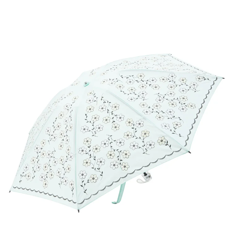 Mini 19 inch 7 Ribs Custom with Logo Printing Little Size Light Green Umbrella with Flower Prints 3 Folding Sun Umbrella