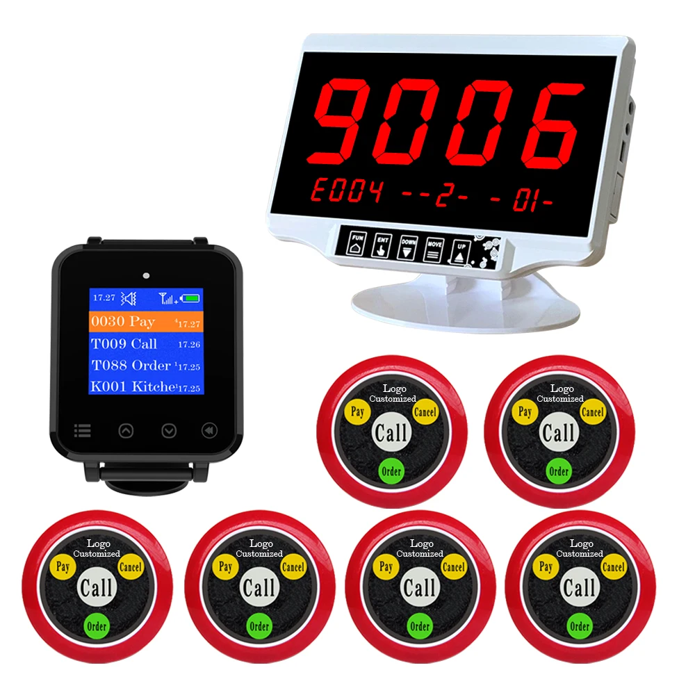 Artom Wireless table waiter call bell system with waterproof watch receiver set in different language and customized free logo