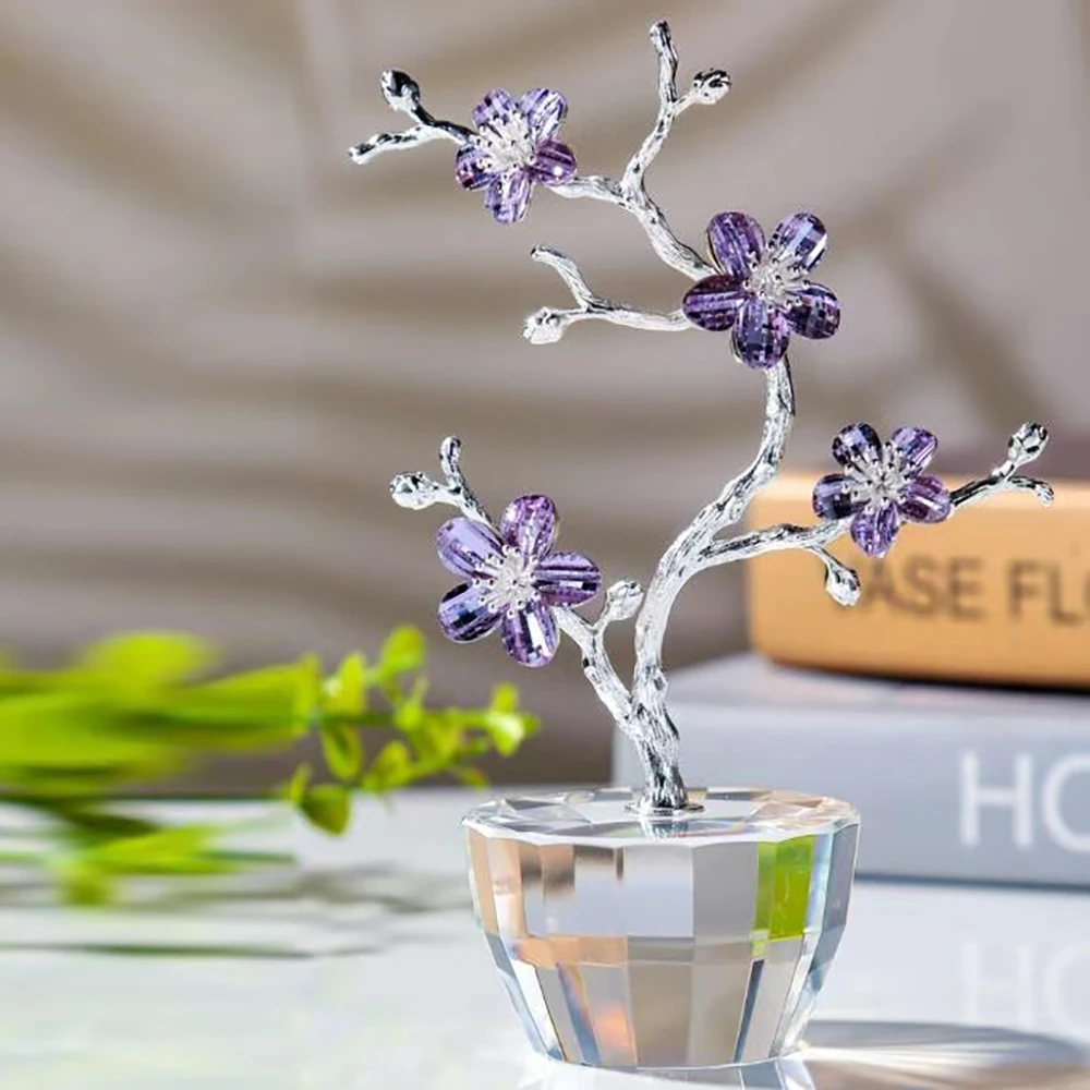 Crystal Plum Glass Figurine Ornament Paperweight Table Decoration with Gift Box Crystal Glass Flower Centerpieces