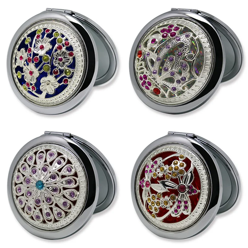 New Arrival Fashion Beauty Makeup Creative Cosmetic Mirror Vintage Gifts Gold Metal Crystal Rhinestones Jewel Pocket Mirror