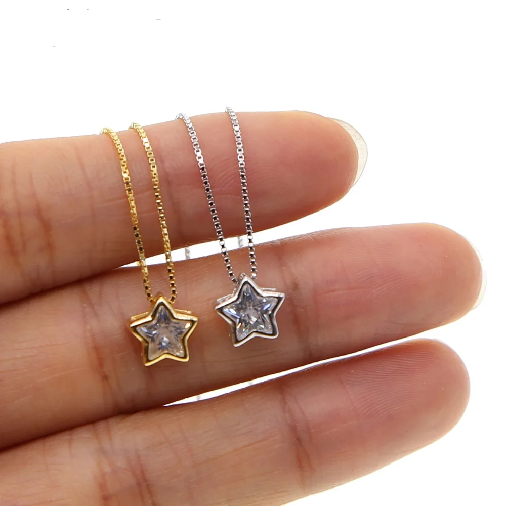 italy silver chain box delicate chain with star cubic zirconia cz single stone star pendant necklace