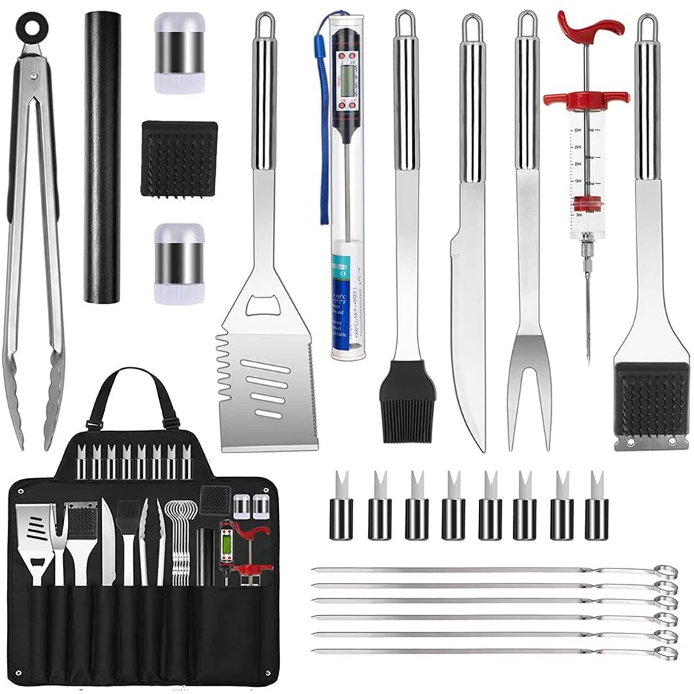 28pcs/set Stainless Steel BBQ Tools Set Apron Storage Bag Outdoor Camping Grill Accessories Barbecue Knife Fork Shovel Oil Brush