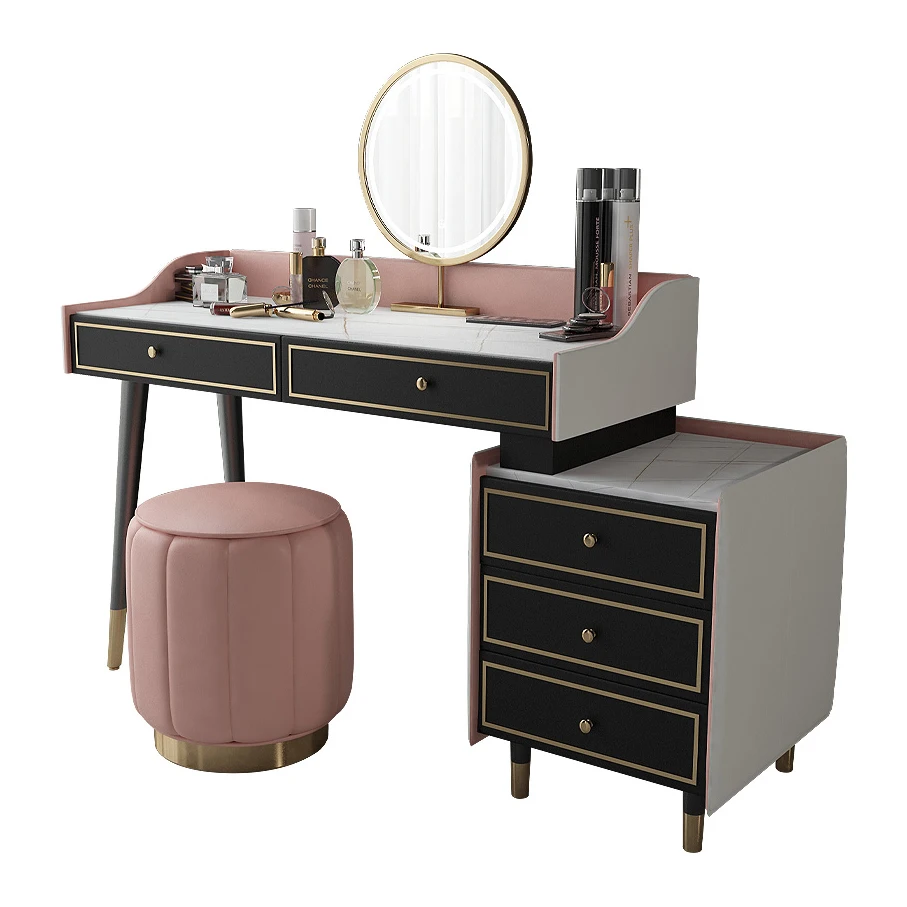 modern nordic light luxury style wooden makeup dressing table with glass mirror and 5 storage dreawer for bedroom furniture