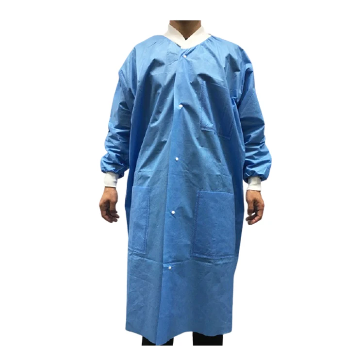 
Non-sterile rib cuff snap button blue SMS disposable Medical lab coat non woven Lab Coat Isolation gown GB18401-2010 Class B 