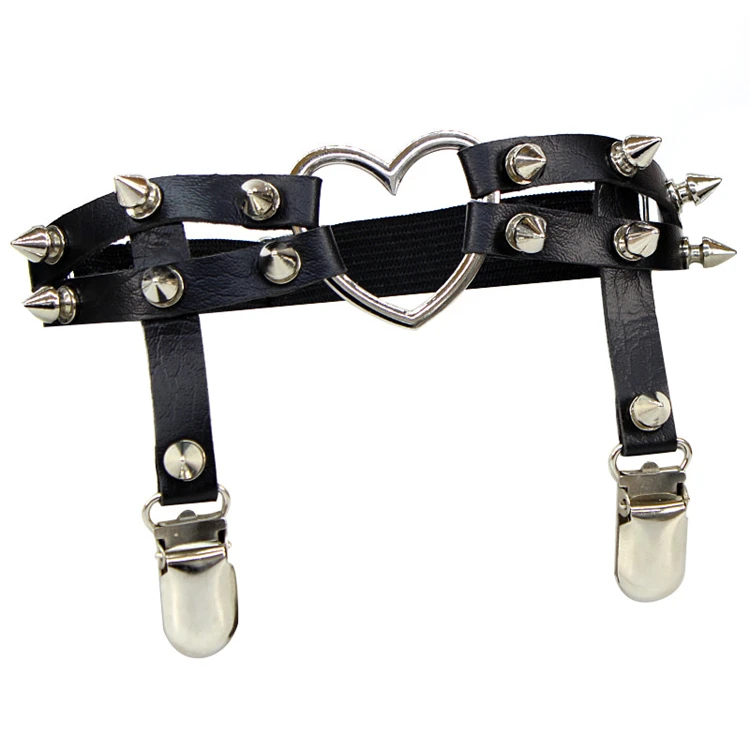Rock Pub Punk Garter Belt Rivets Leg Ring Thigh Harness Heart Black PU Leather Vintage Suspenders Women Girls Body Jewelry