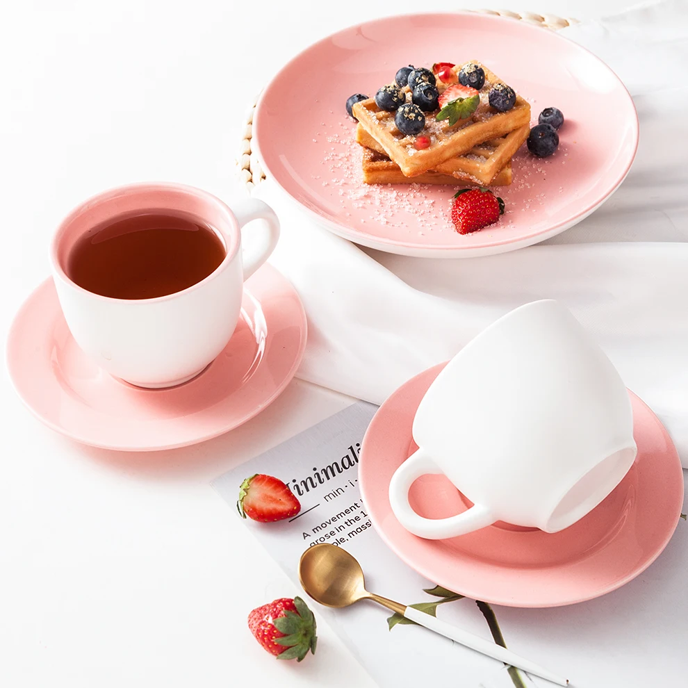 Shengjing Cheap Pink 220ml Coffee Cup Sets Glossy Ceramic Drinkware For Coffee Shop Chinese Teaware