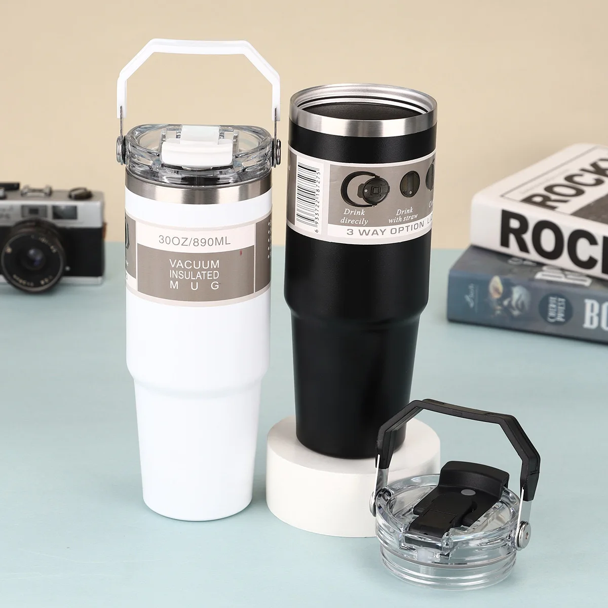 Custom Logo 30oz Powder Coated Double Wall Vacuum 304 Stainless Steel Coffee Mug Cup Travel Tumbler with Lid